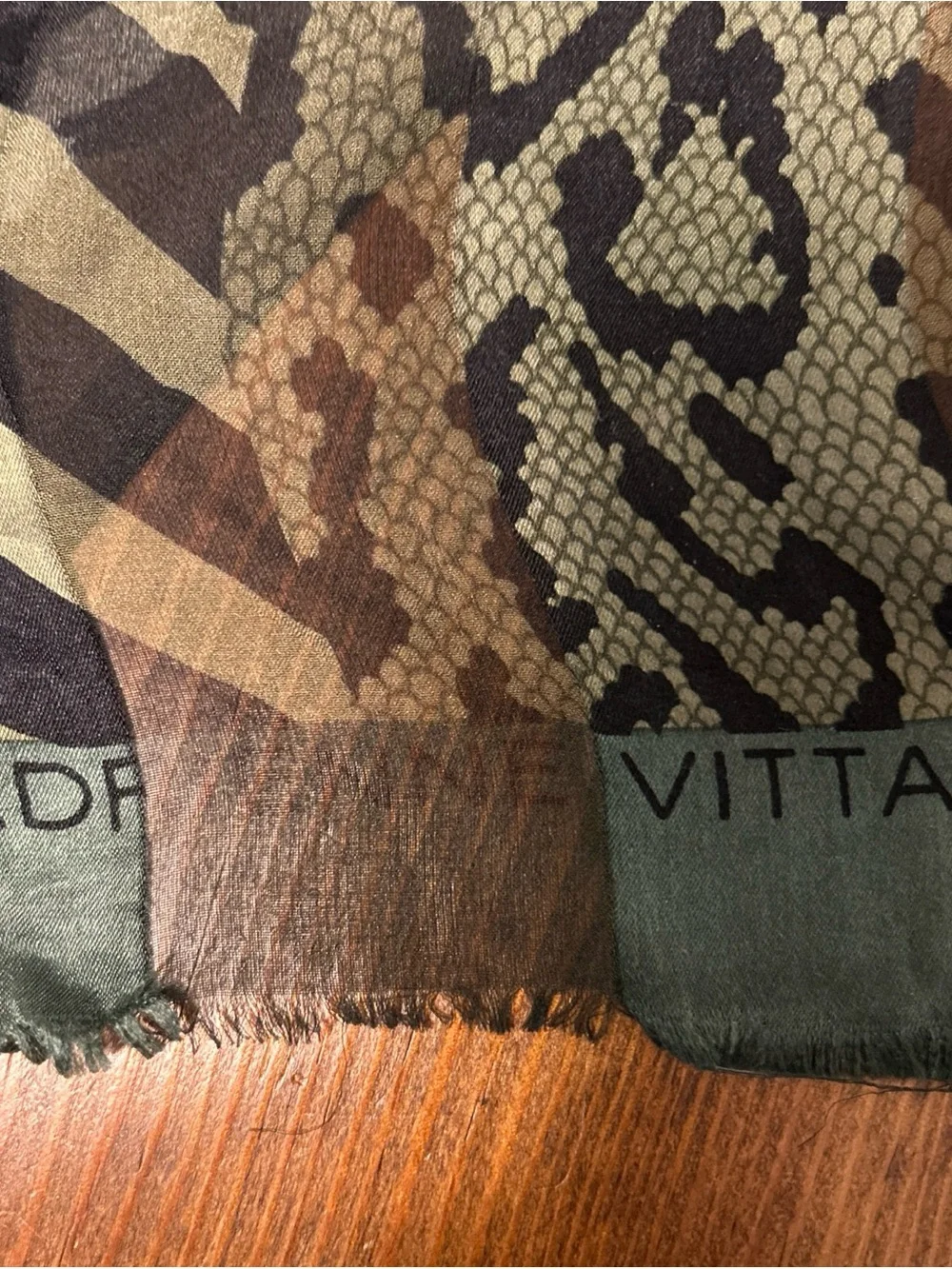Adrienne Vittadini Black and Olive Animal Print Silk Scarf